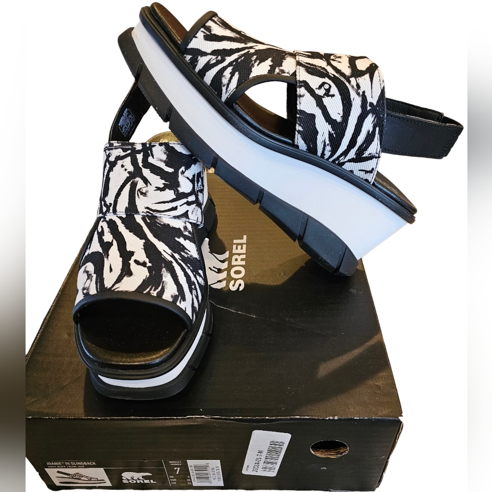 Sorel Joanie III Slingback Wedge Sandals Black White Zebra Print Women's Size 7